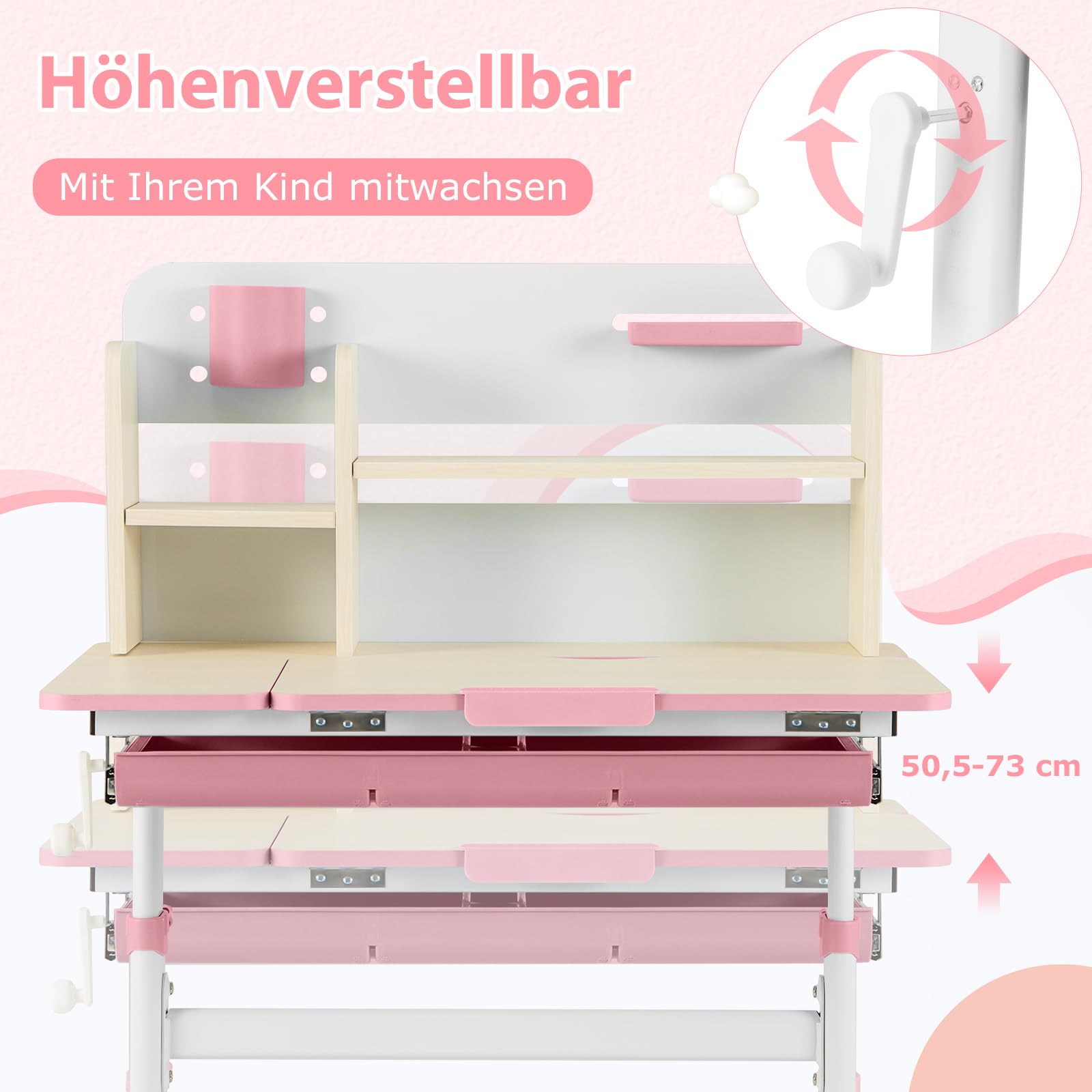 COSTWAY Kinderschreibtisch höhenverstellbar mit neigbarer Tischplatte, Regalen & Schublade, für 3-12 Jahre (Rosa)