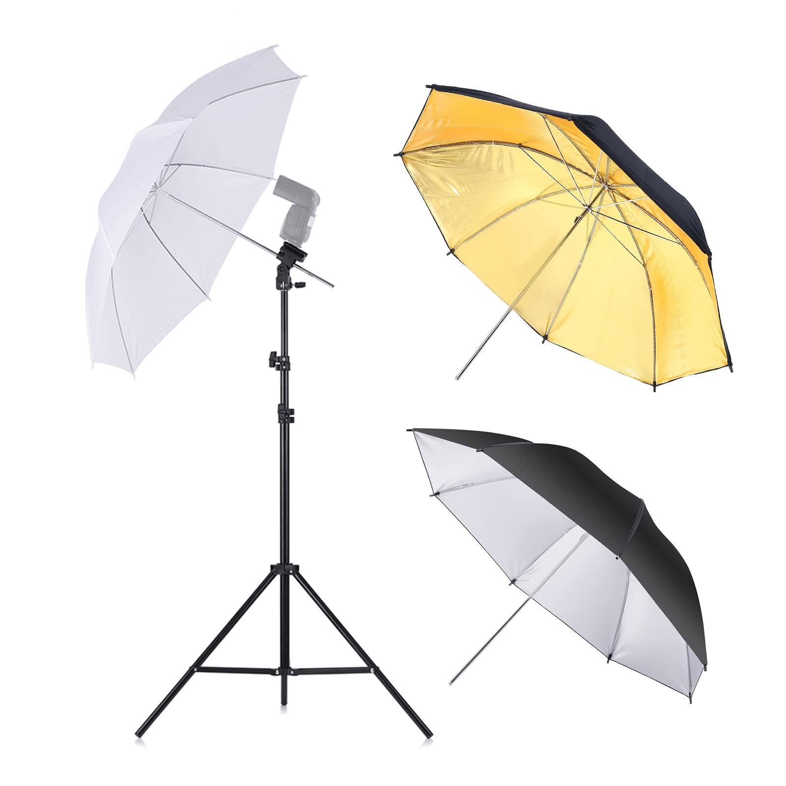 Kit di ombrelli fotografici con supporto flash in metallo, 84 cm, bianco morbido, riflettente, ombrello riflettente oro e supporto per luce da 200 cm, per illuminazione video in studio