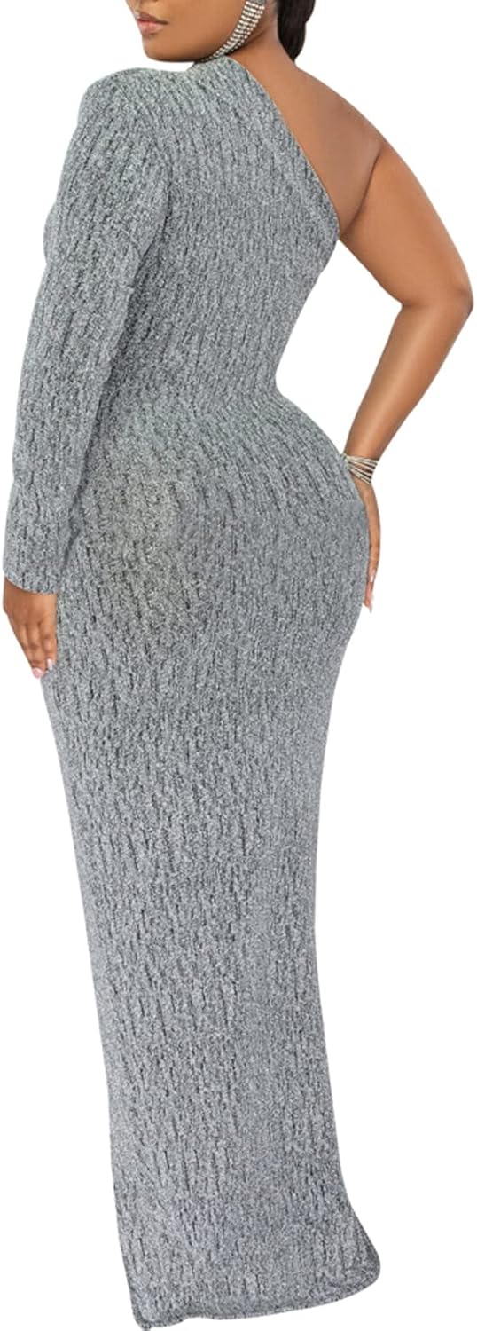 Women's Formal Evening Gowns Elegant Sparkly One Shoulder Maxi Dresses Sexy Long Sleeve High Split Party Long Dress - Image 5