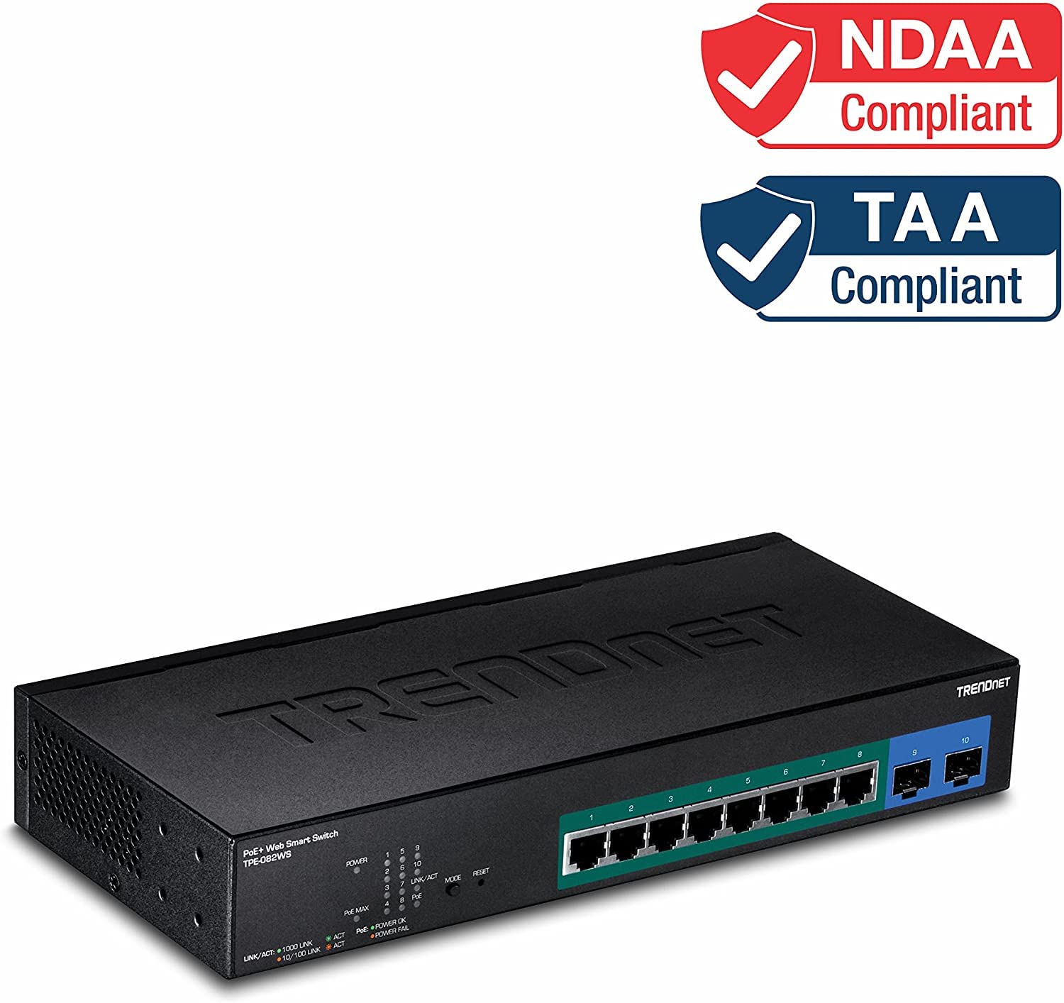TRENDnet, TPE-082WS, 10-Port Gigabit Web Smart PoE+ Switch, 8 X Gigabit PoE+ Ports, 2 X SFP Slots