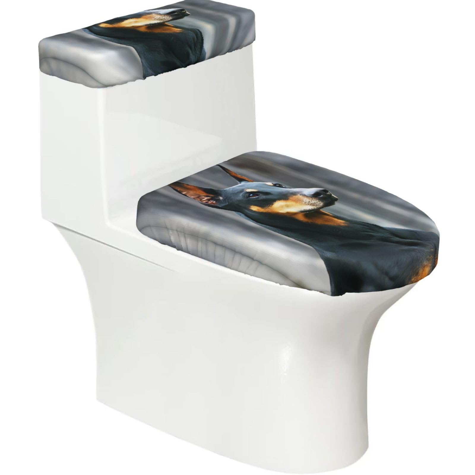 Doberman 2-Piece Toilet Seat Cover Set with Tank Lid - Elastic for U-Shape & Elongated - Bathroom Decor