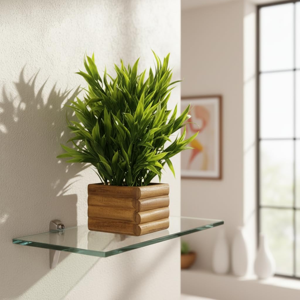 fancymart Artificial Bamboo Leaves in Wood Potted Plant with 30 cm Height Perfect for Home Décor & Office Space