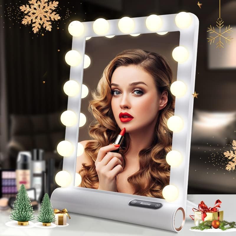 Auxmir Espejo Maquillaje con Luz, 15 Bombillas Espejo de Tocador, Espejo Hollywood 3 Colores de Luz, Control Táctil, Brillo Regulable, Espejo con Luz LED Colgar Pared Portátil, Blanco