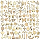 100Pcs Charms for Jewellery Making,Gold Charms Mixed Handmade Bracelet,for Necklaces Bracelets Pendants Earring Band Crafting Diy Set Halloween Christmas Friendship Gift Metal Antique Cute Jewelry Kit