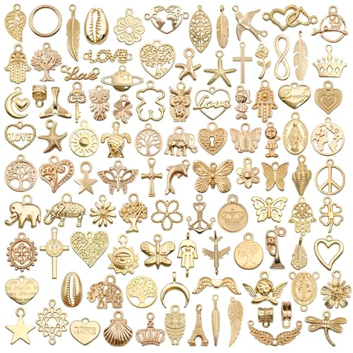 100Pcs Charms for Jewellery Making,Gold Charms Mixed Handmad