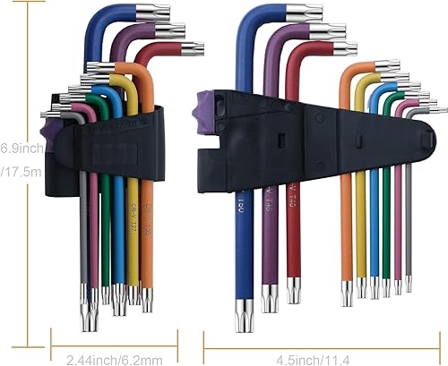 Vista 12 de Juego de llaves hexagonales Allen de 18 piezas, llave Allen de extremo de bola larga y Torx TRX Juego de llaves de color estrella T10-T50 Juego