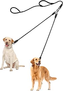 PetBonus Hundeleine Doppelleine für 2 Hunde, Keine Verwicklung Trainingsleine mit Zwei Gepolsterten Griffen, Reflektierend Nylon Doppelte Leinen für Große Mittlere Hunde 1,2×195 cm (Schwarz Grau)