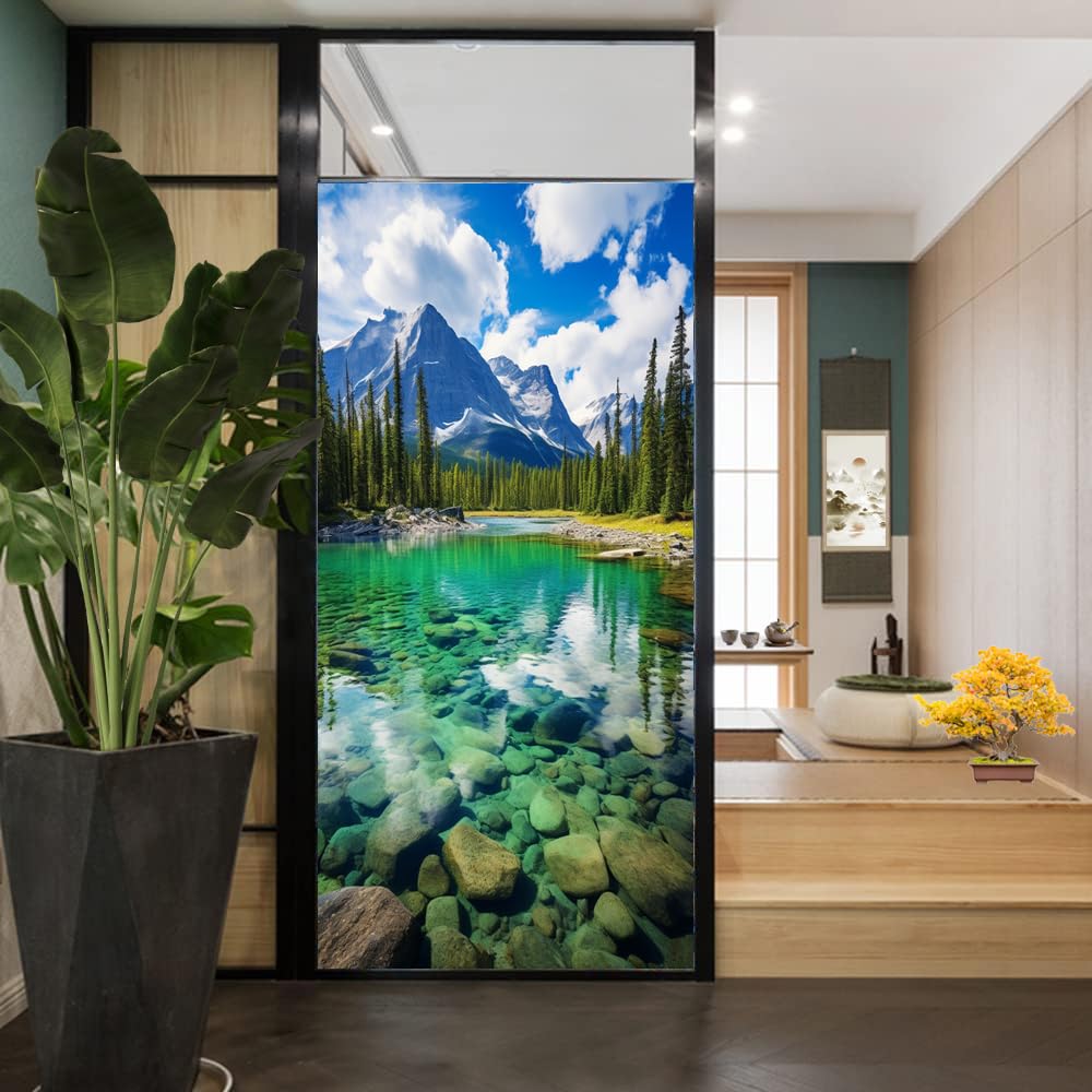 Beautiful Mountain Lake Window Film Decorative Turquoise Grove Natural Landscape Stained Glass Window Film Sun Blocking Heat Control No Glue Window Covering Film for Home 70x120cm