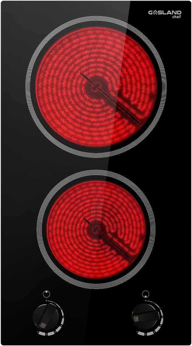 2 Burner Electric Cooktop 12 Inch, 3000W Built-in Radiant Stovetop Double Burner CH30BS, 220-240V Ceramic Cooktop with 7 Power Levels, Mechanical Knob Control, Hot Warning, Hardwired