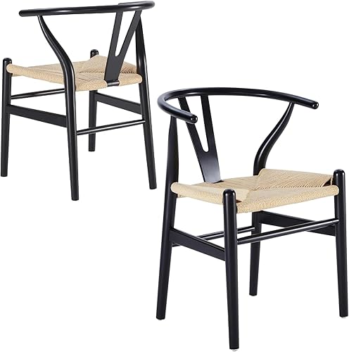 Miniatura 21 de Wishbone Silla de comedor de madera maciza natural, silla Hans Vegner Y, silla de ratán y madera con reposabrazos (madera de fresno - negro, 2