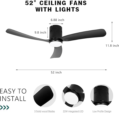 Miniatura 3 de OUATER Ventilador de techo de montaje empotrado con luces, ventiladores de techo negros de perfil bajo de 52 pulgadas con control remoto de luces,