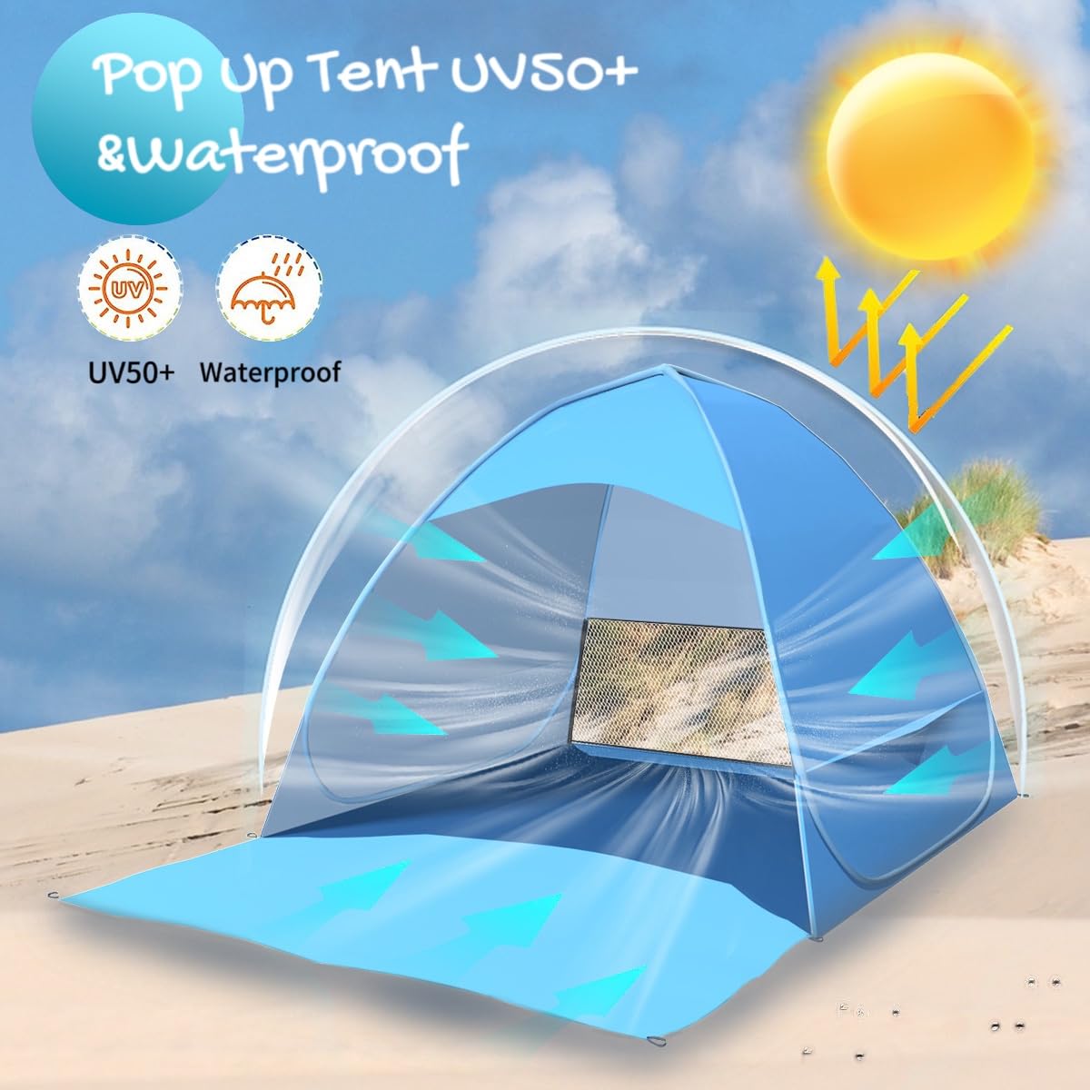 Tienda de campaña desplegable para 3 – 5 Personas, Tienda de campaña de Playa, tamaño Grande, Apertura rápida, protección Solar UV, 200 x 165 x 130 cm (Grande)