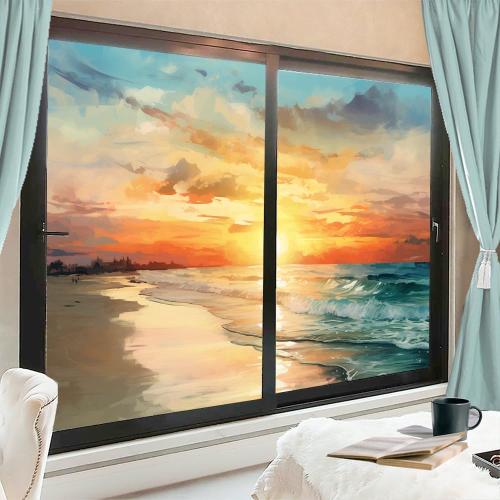 Vintage Ocean Scenery Window Film Heat Blocking Blue Seascape Sunset Beach Privacy Window Decor Glass Door Covering Self-Adhesive Window Film for Bathroom Kitchen 31.5Wx47.2L-inch x2 Pcs