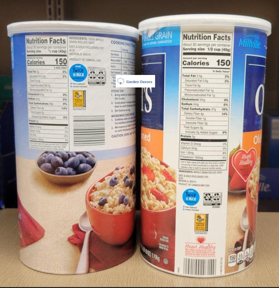 Millville Rolled Oats Hearty 100% Whole Grain Oats Quick Cook & Old Fashioned 42oz 1.19kg (Two Tubes)