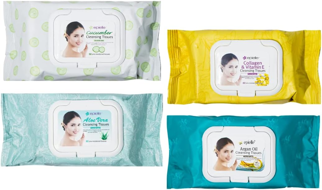 Epielle Makeup Remover Wipes, Remove Waterproof Mascara, Gentle Daily Facial Cleanser Towelettes with Collagen, Cucumber & Argan Oil, Stocking Stuffers, 60 Count (Pack of 4)