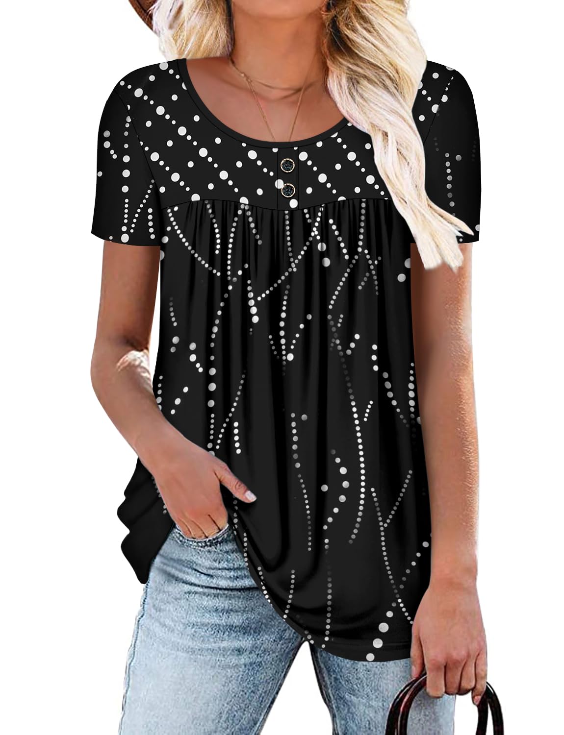 onlypuff Womens Tunic Tops Short Sleeve Crew Neck T-Shirt Summer Flowy Pleated Blouse Decoration Button S-3XL