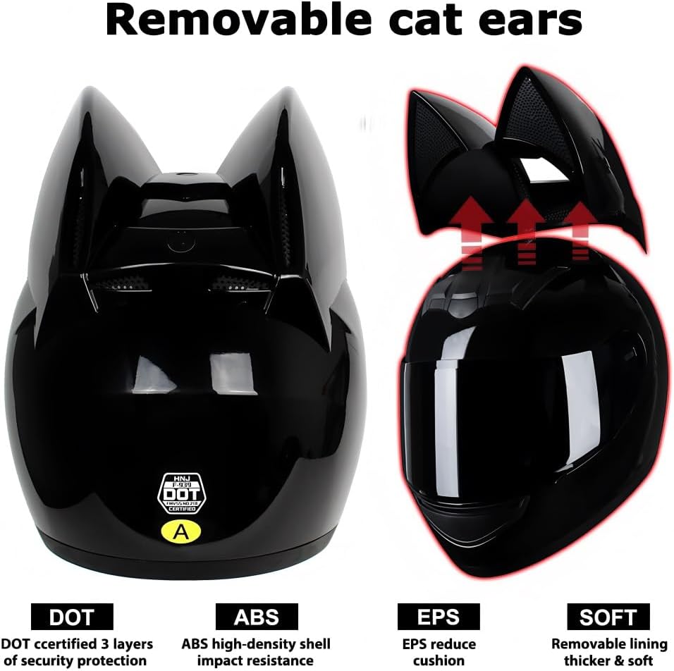 Personalized Cat Ear Bluetooth Motorcycle Helmet, DOT FMVSS-218 Certification Full Face Motorbike Helmet, Cool Cute Cat Adult Motorcycle Helmets with Bluetooth Clear Visor, for Men And Women,R,Medium