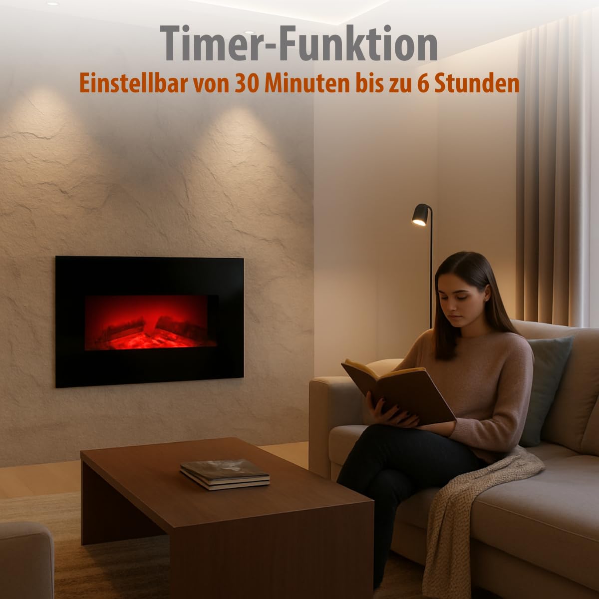 Memphis Elektrokamin mit Heizung - Elektroheizung 1800W - Kaminofen mit Fernbedienung und Timer - Elektroherd mit LED-Flammen - Wandmontage - Schwarz
