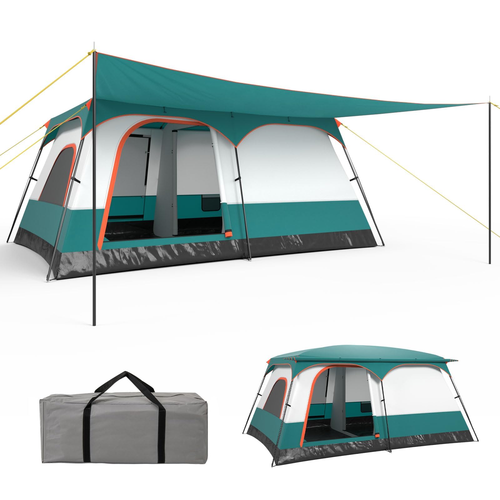 GYMAX Tente Camping Grande avec Auvent, 2 Chambres Séparées, Toit de Lucarne, Bâche Anti-Pluie Amovible, Portes et Fenêtres Enroulable, pour Extérieur Pique-Nique
