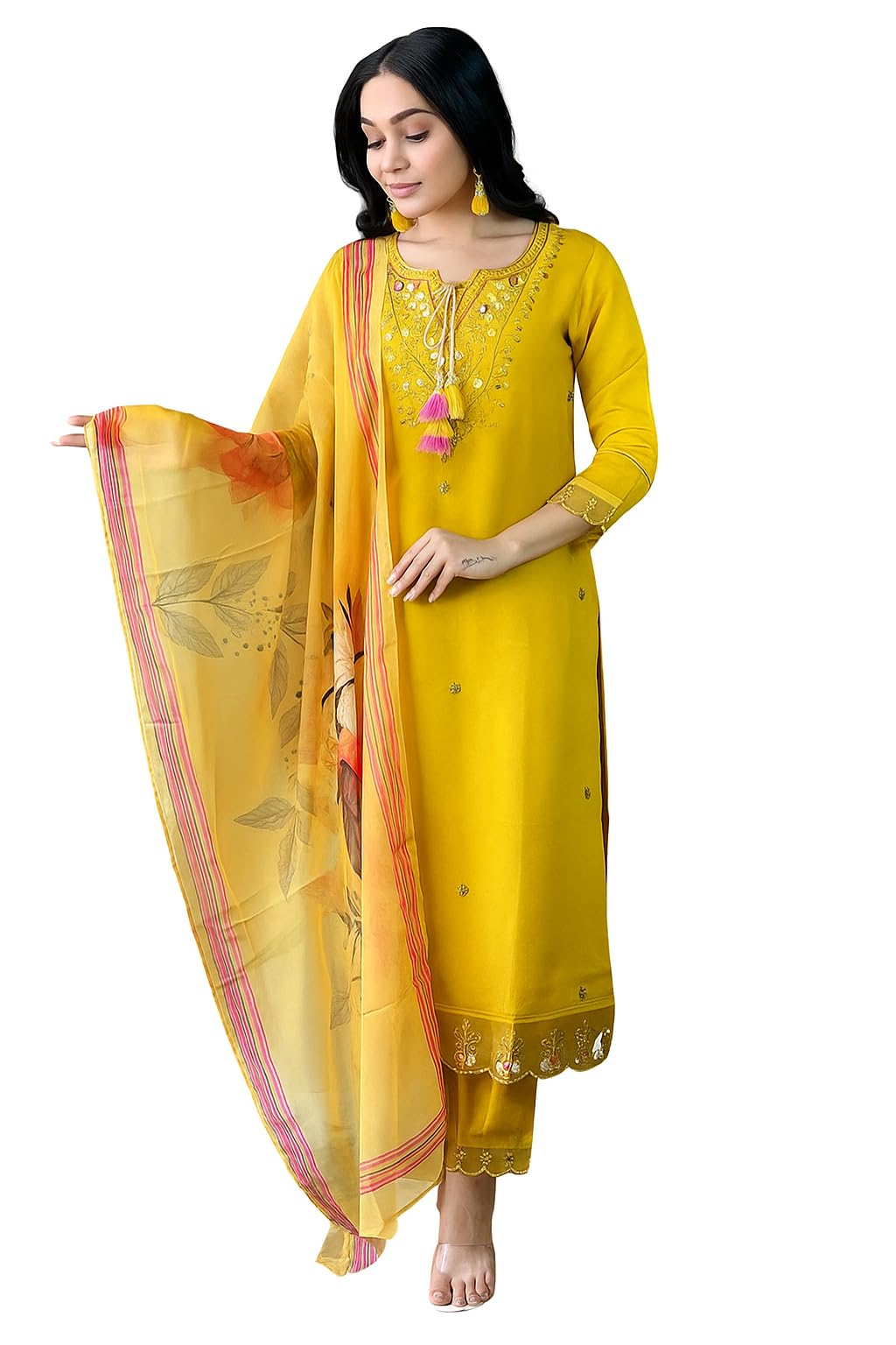 View 1 of ** similar design**
Women’s Mustard Chanderi Silk 3Pcs Suit Set–Embroidered Kurta, Matching Pant & Printed Dupatta Elegant Festive & Party Wear (Mustard, Large)