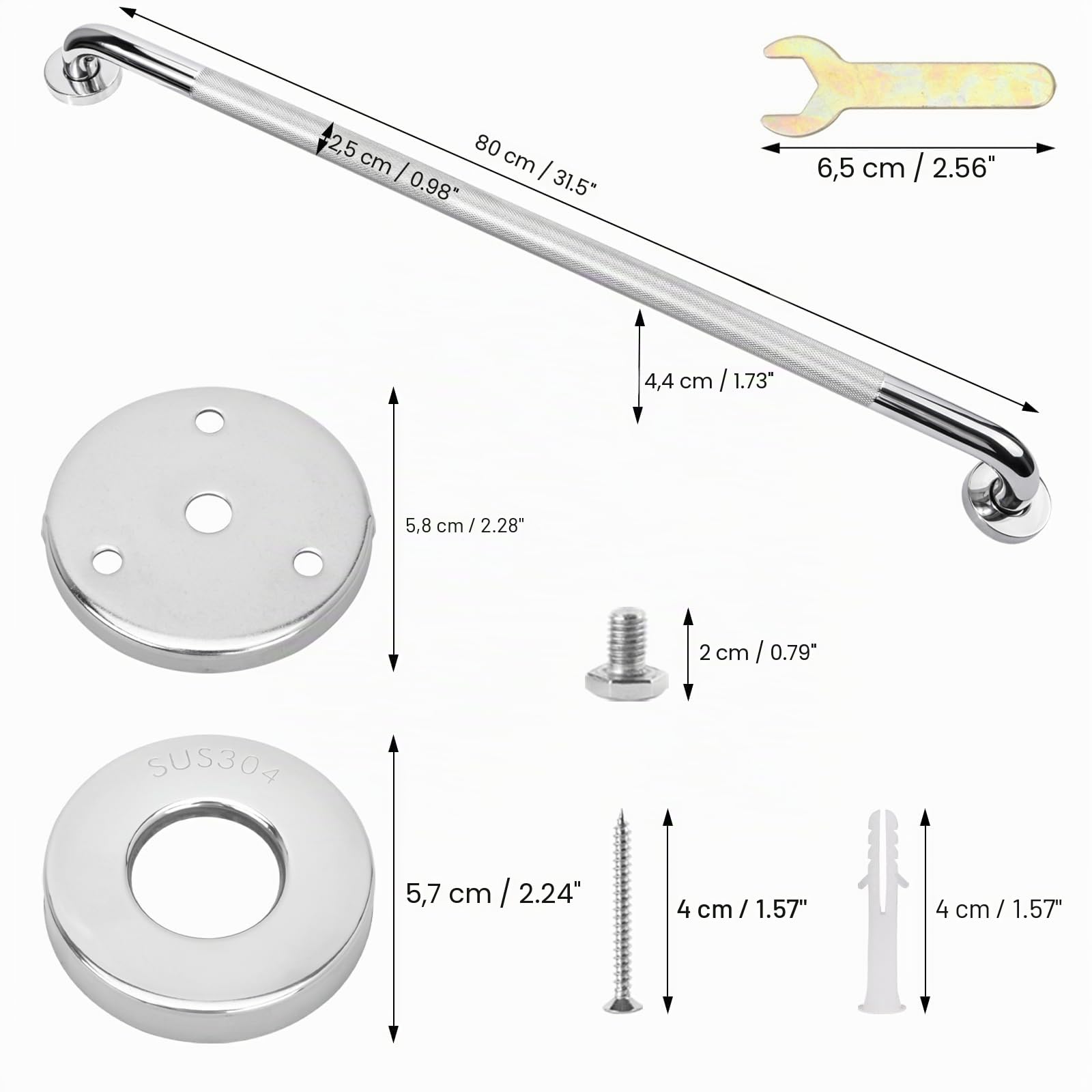 sunzone Barras de Apoyo Baño,Antideslizante para Ancianos,80cm,2 Piezas | Barra de Seguridad para Baño,Acero Inoxidable SUS 304,Para Ducha, Bañera, Inodoro,Barra de Agarre para Discapacitados
