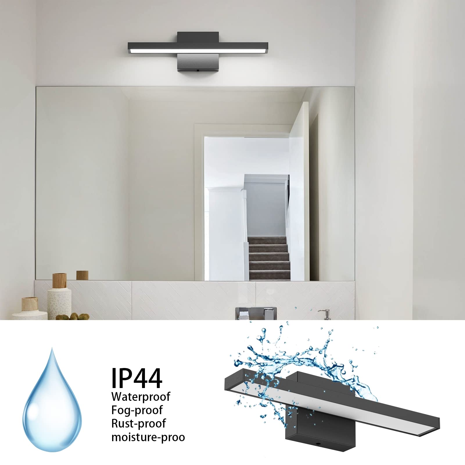Klighten Lampe Miroir LED Salle de Bain 40cm, 12W 1080LM Applique Miroir Salle de Bains, IP44 Lumière Miroir Salle de Bain Moderne, 6000K Blanc Froid, 60 LEDs, 110-240V, Noir