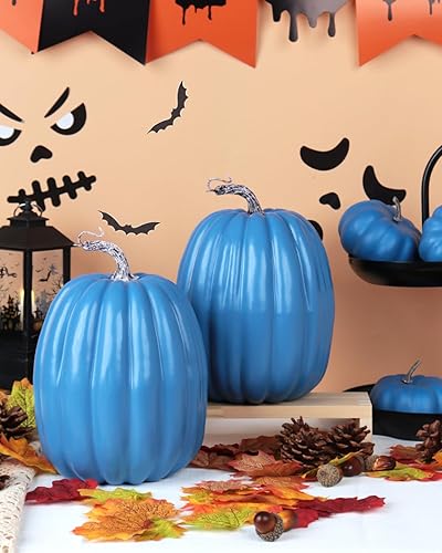 Miniatura 6 de vensovo 2 calabazas de plástico azul de 8 pulgadas para decorar  Calabazas artificiales grandes de espuma para decoración de otoño, Halloween,