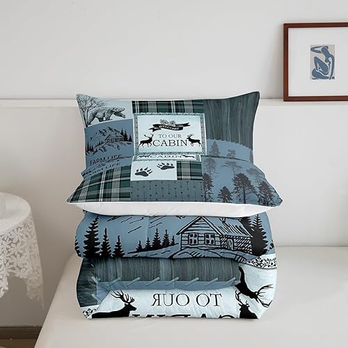 Miniatura 5 de Manfei Rutic Farmhouse - Juego de edredón tamaño King, juego de ropa de cama de retazos de madera a cuadros de ciervo, oso, árbol, 3 piezas para