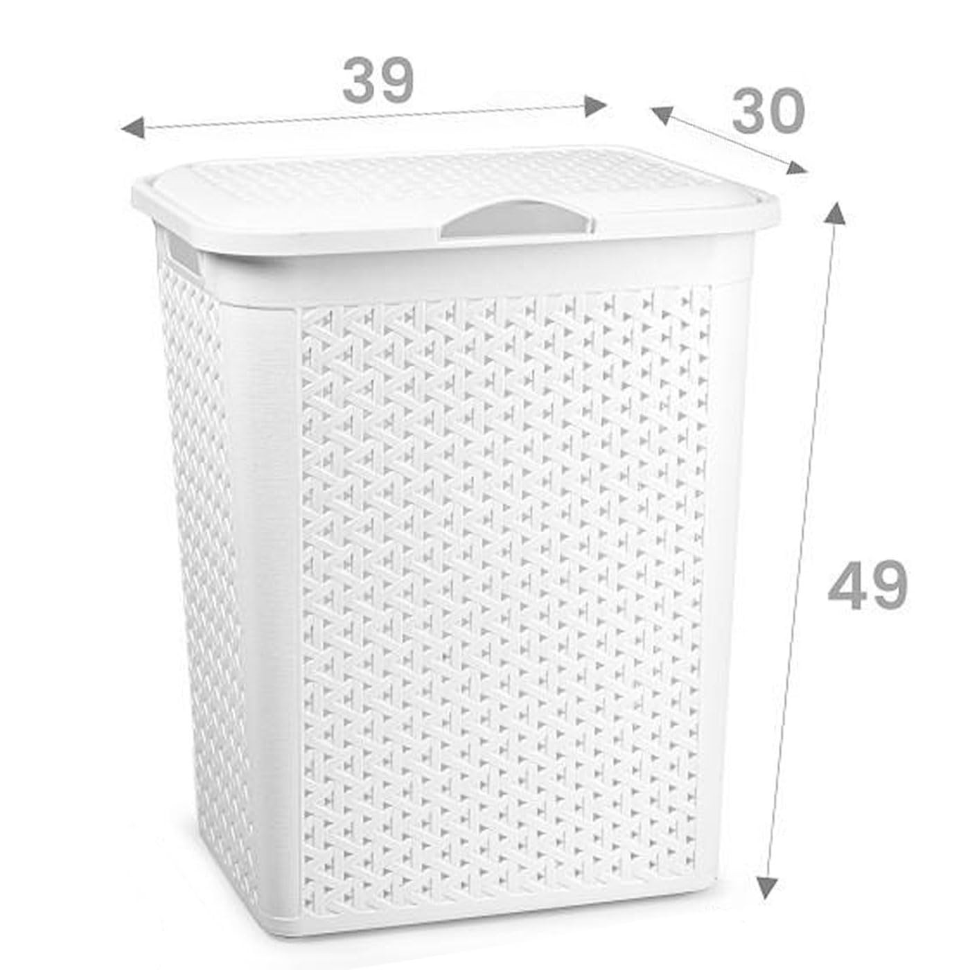 Cubo para Ropa Sucia con Tapa y Asas 38 Litros Plástico Imitación Mimbre Blanco 49 x 38,5 x 29,5 cm