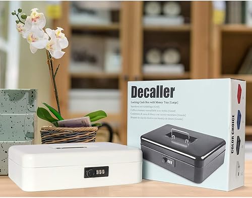 Vista 21 de Decaller Caja de dinero con cerradura de combinación, caja de seguridad de metal pequeña con bandeja de dinero, 7 4/5 x 6 4/5 x 3 3/5 pulgadas, Negro