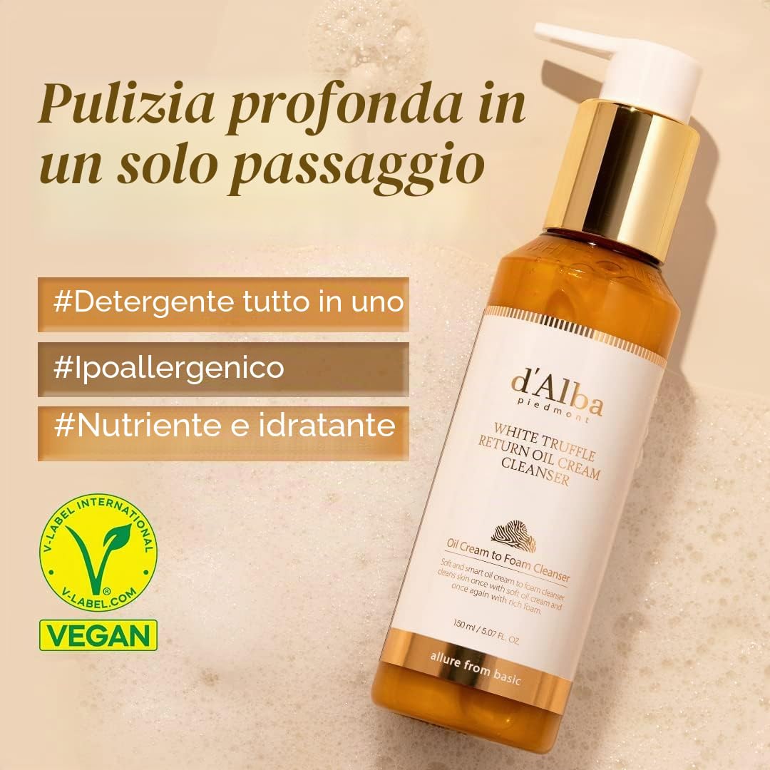 d'alba Crema Detergente Olio Ritorno al Tartufo Bianco Piemontese, Vegano, Facile Detergente One Step che Rimuove Sebo + Struccante