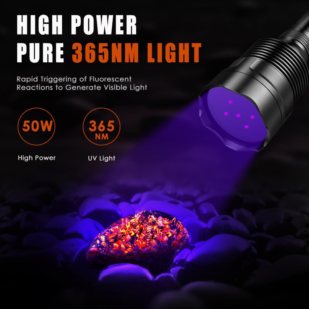 KEENZO Torcia UV a Luce Nera da 365 nm, con 5 LED Professionali, 50 W, Potente Torcia a Luce Nera per Trovare Urina di Animali Domestici e Minerali, Ricerca di Scorpioni