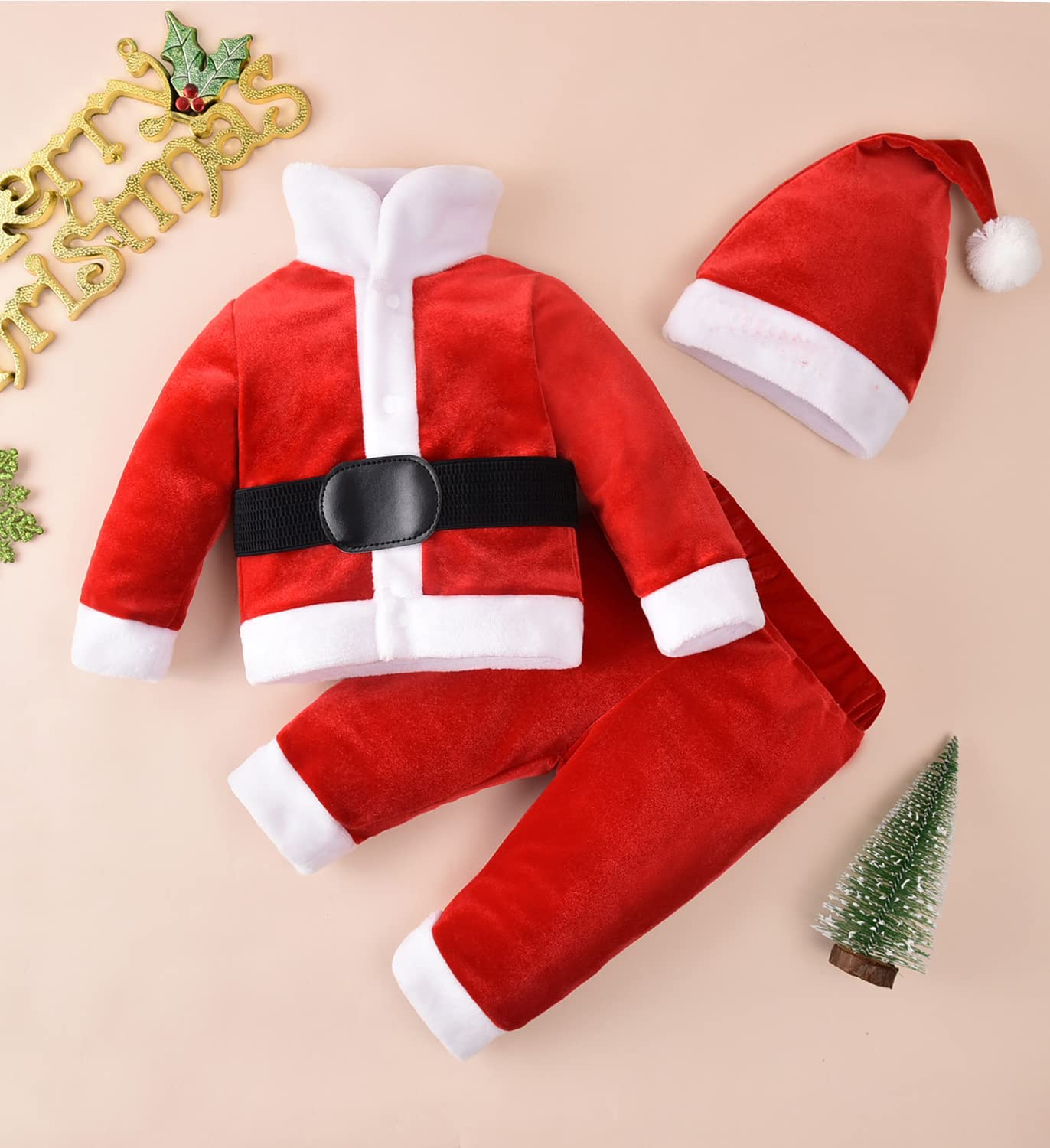 MINIFEIKO Baby Santa Outfit Christmas Outfits Neborn Boy & Girl 3 Piece Velvet Coat and Pant with Santa Hat, Christmas Red, 6-12 Months