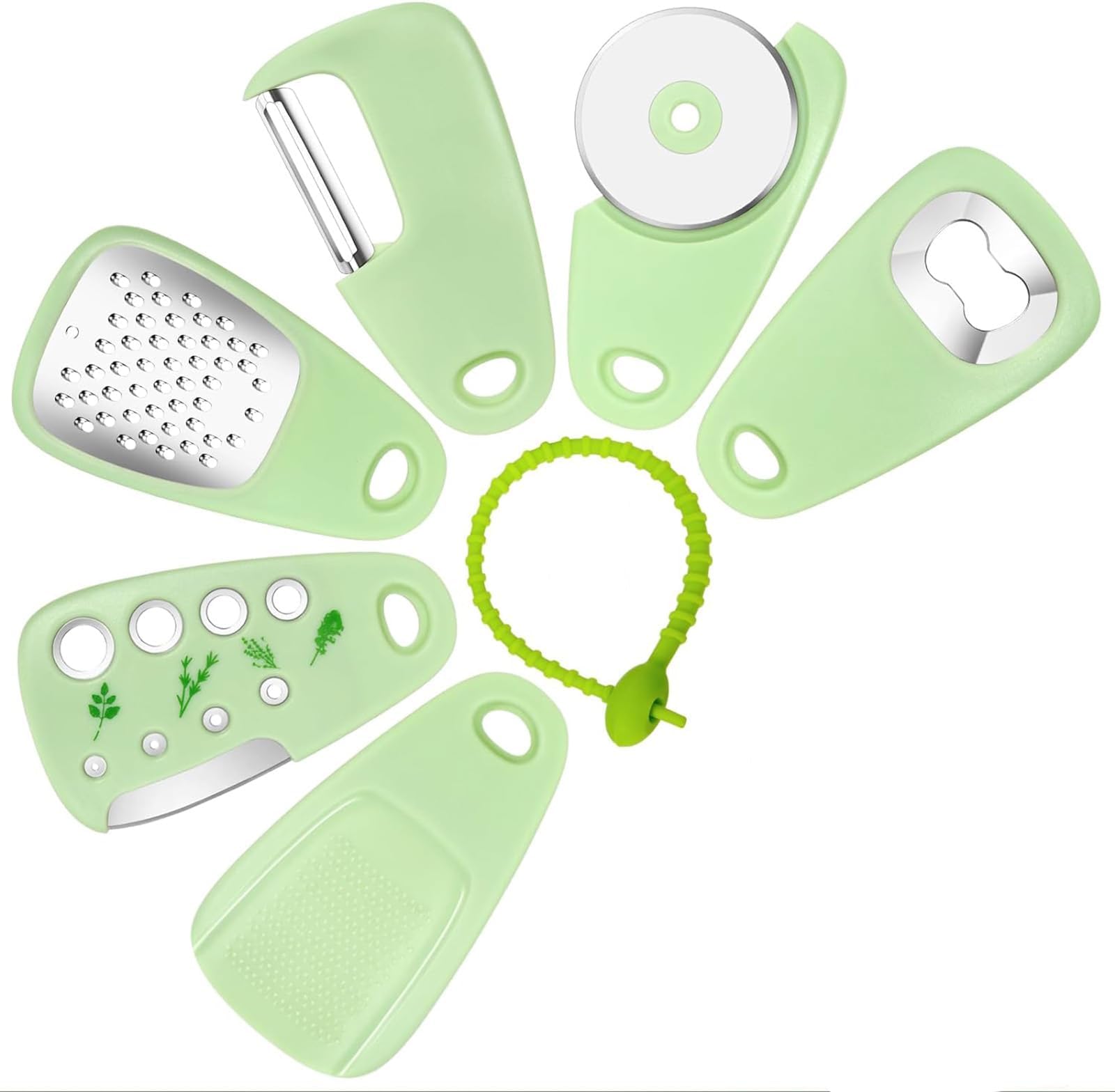 ALMEKAQUZ Kitchen Gadgets Set 6 Pieces,Rv Camp Kitchen Accessories,Cooking Tools,Stackable Kitchen Tools Cheese Grater,Pizza Cutter,Bottle Opener,Vegetable Peeler,Garlic Grinder,Herb Stripper(Green)