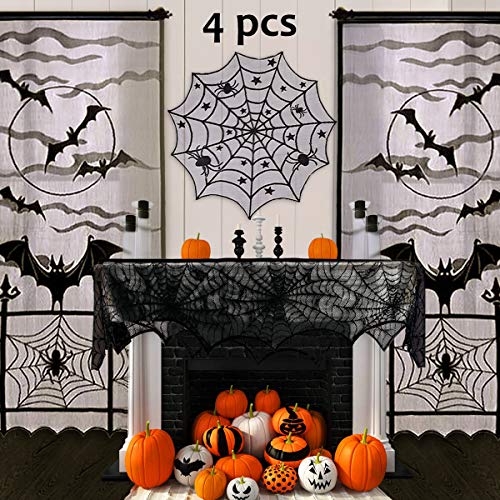 Buy 1 get 1 Pawliss Halloween Decorations Indoor, Black Lace Party Decor, Bat Window Curtains, Spider Web Fireplace Mantel Scarf Cover, Spiderweb Table Topper Tablecloth, Set of 4
