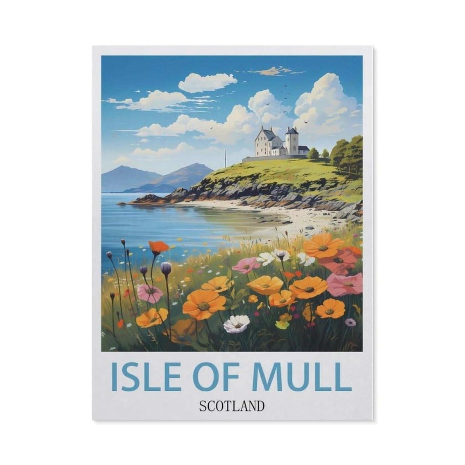 Beayodkp （50 X 60 Cm/19.68 X 23.62 Inches） Isle Of Mull Scotland Vintage Travel Posters，Diamond Art Kits For Adults And Kids, Full Drill Round Rhinestone Paint With Diamonds-Cf49