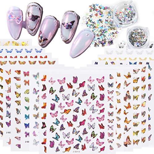 Butterfly Nail Art Decals Water Transfer Stickers, 22 Sheets Butterfly Nail Sticker DIY Nail Decals, 2 Set Butterfly Nail Glitter Holographic Stickers Reflected Butterfly Designs for Nails Supply