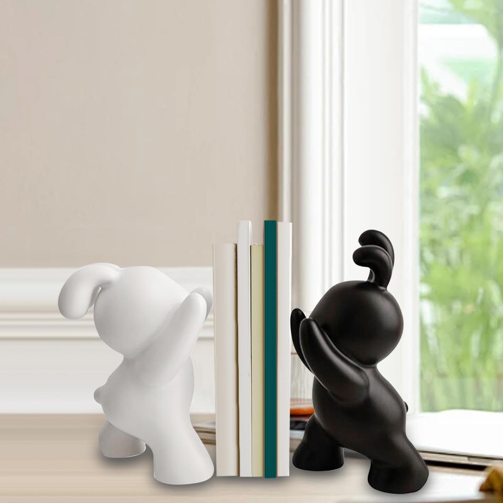 Sujetalibros decorativos con diseño de conejo, decoración de mesa, diseño de conejo, sujetalibros (blanco y negro)