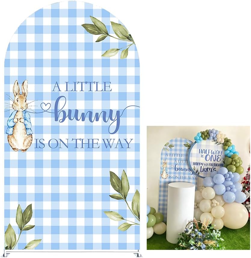 A Little Bunny is On The Way Arched Backdrop Cover Blue and White Plaid Arched Stand Cover Spring Easter Baby Shower Birthday Parties Decoration (No Stand!)