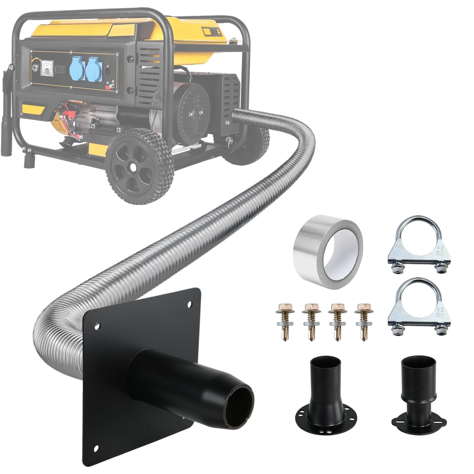 Generator Exhaust Extension Silencer Kit - Extended 32” Pipe & 2 Adapters for Universal Fit with Heat-Resistant Wall Plate to Safely Vent Fumes Outside & Reduce Noise Over 50%-image-1