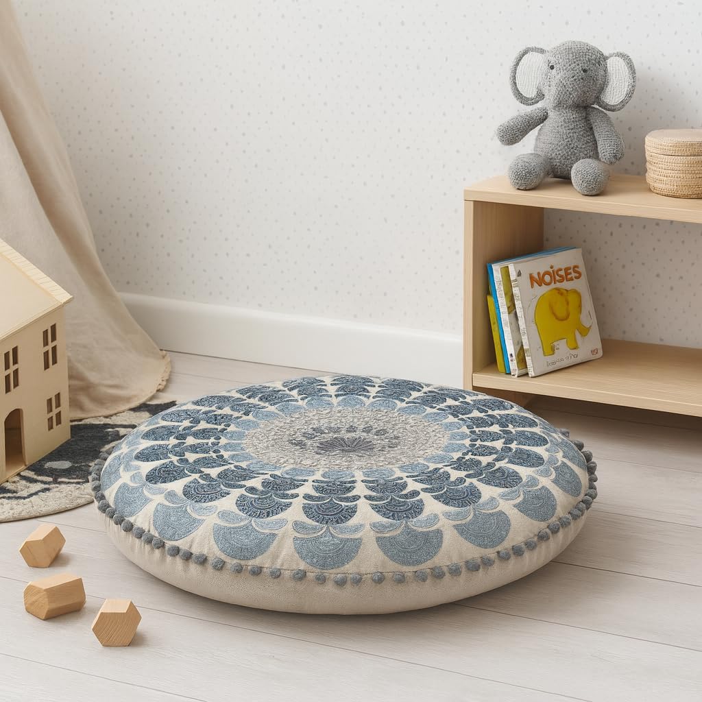 Marrakesch dekoracyjna poduszka na podłogę w stylu boho, okrągła, 60 x 15 cm, z wypełnieniem, poduszka do medytacji, z bawełny, haftowana z motywem mandali, poduszka do jogi w stylu boho do salonu