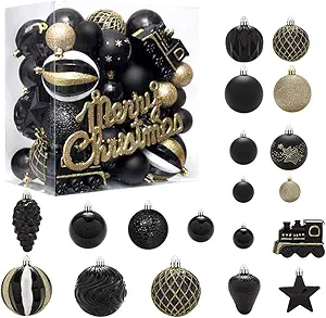 65ct Christmas Balls Ornaments, Shatterproof Plastic Decorative Baubles for Xmas Tree Decor, Multi-Size Christmas Ornaments Set for Tree, Home Indoor Party Decor, Black Gold