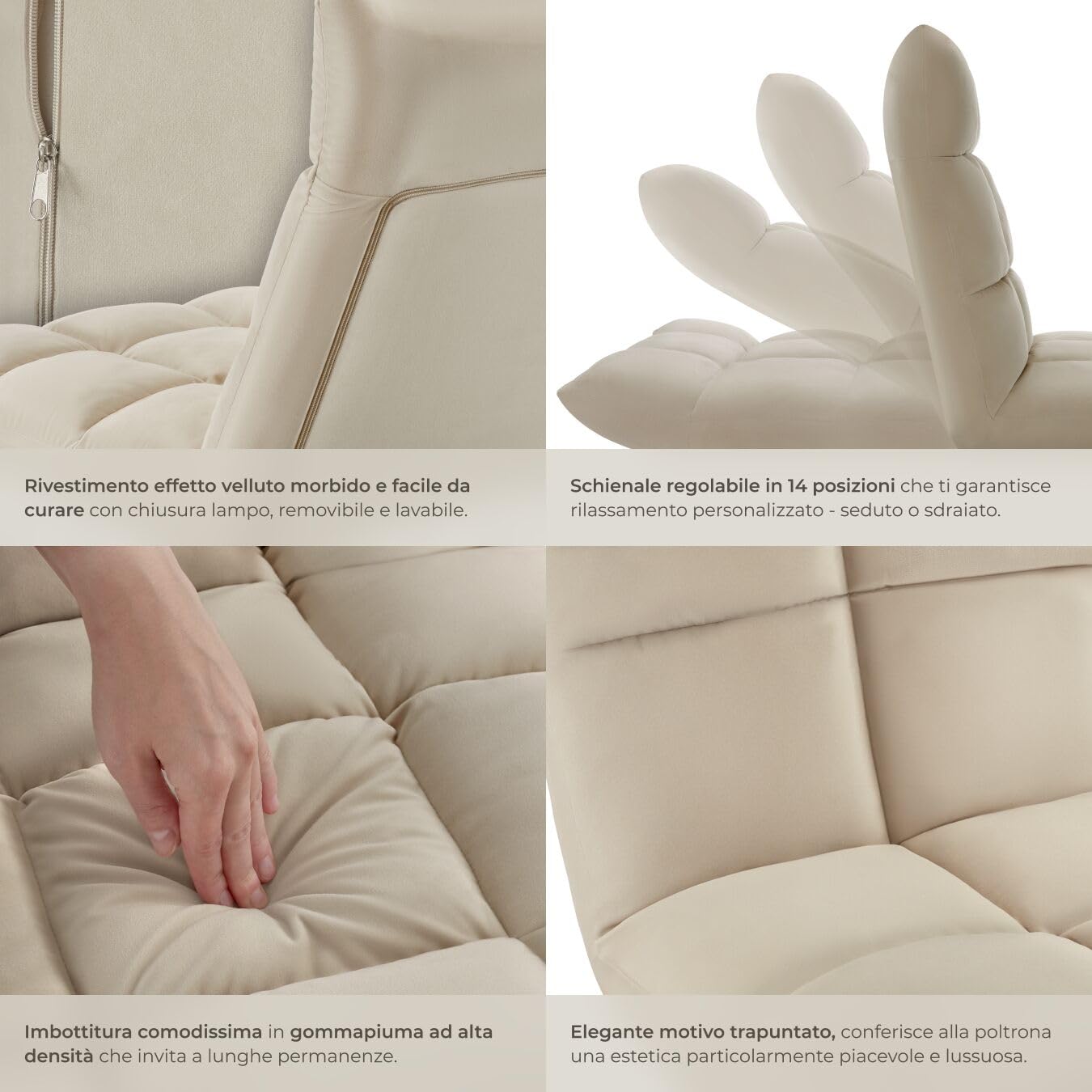 tectake® Poltrona Relax in Velluto, Poltrona Regolabile in 14 Posizioni, Imbottitura Spessa, Rivestimento Lavabile, Telaio in Acciaio, Ideale per Salotto, Camera da Letto, Ufficio - Beige
