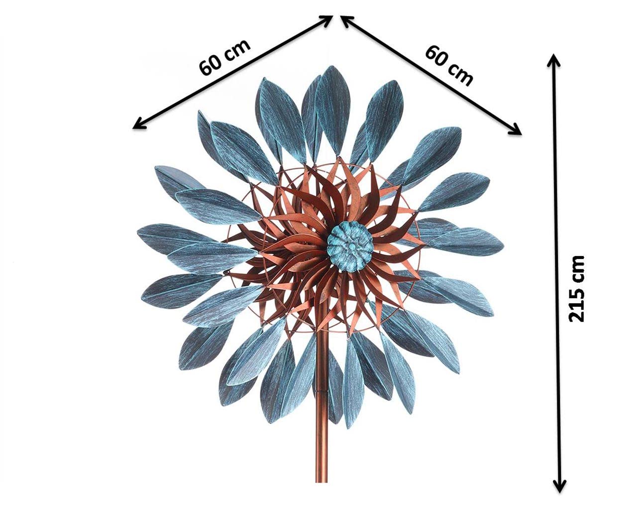 Kobolo Windrad Blossom XXL, 60x215 cm, braun/blau, XXL Metallwindrad, wetterfest & stabil, dekorativer Gartenstecker für Beet, Rasen & Vorgarten