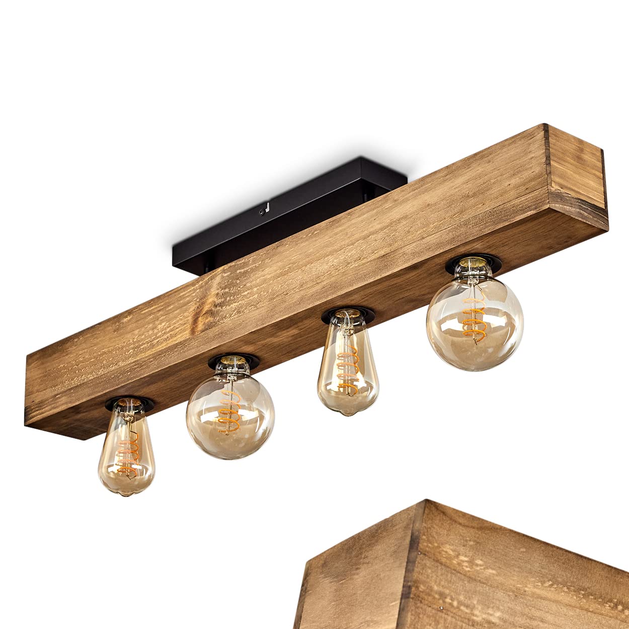 Hofstein Black And Dark Brown Ceiling Light Berat, Elongated Ceiling Lamp Made Of Metal/Wood In Black/Dark Brown, Modern Light With Wooden Beam, 4-Flame, 4 X E27, Without Bulbs