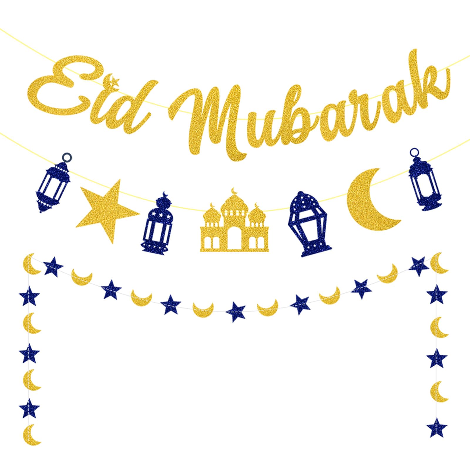 Blue-Gold Ramadan Star-Moon Party-Decorations Banner - 3pcs Islamic Bakra Eid Umrah Mubarak Hanging Decoration Lantern Streamers Swirl,Muslim Birthday Wedding Garland Party Decor Panduola