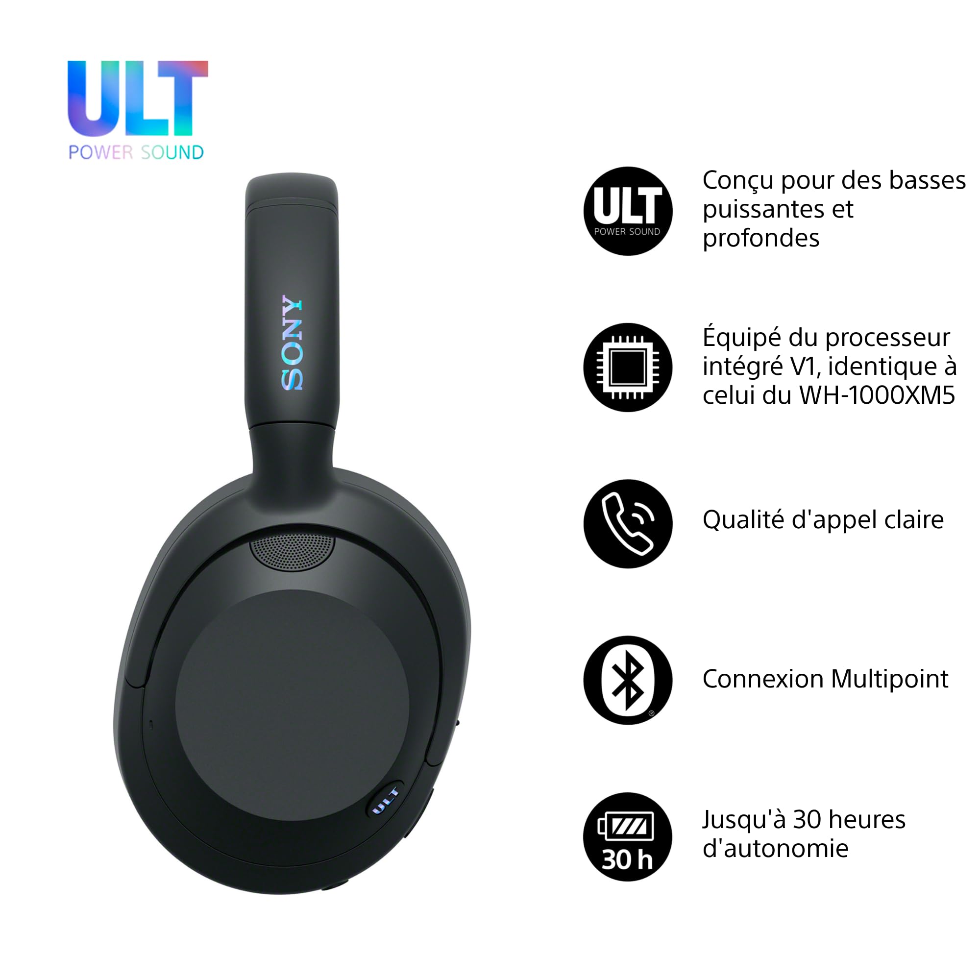 Sony ULT Wear Casque sans Fil Bluetooth ULT Power Sound Basses Profondes Réduction de Bruit Autonomie 30 Heures Noir