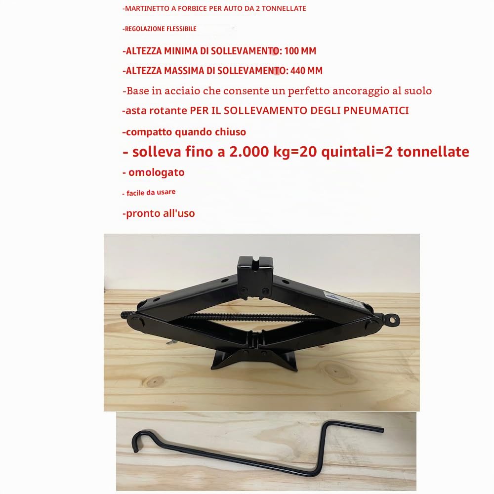COMPATIBILE CON JEEP RENEGADE CRIC PER AUTO DA 2 TONNELLATE CRICK A PANTOGRAFO CON ASTA GIREVOLE OMOLOGATO PER SOLLEVAMENTO GOMME ALZATA MIN 100MM-MAX 440MM