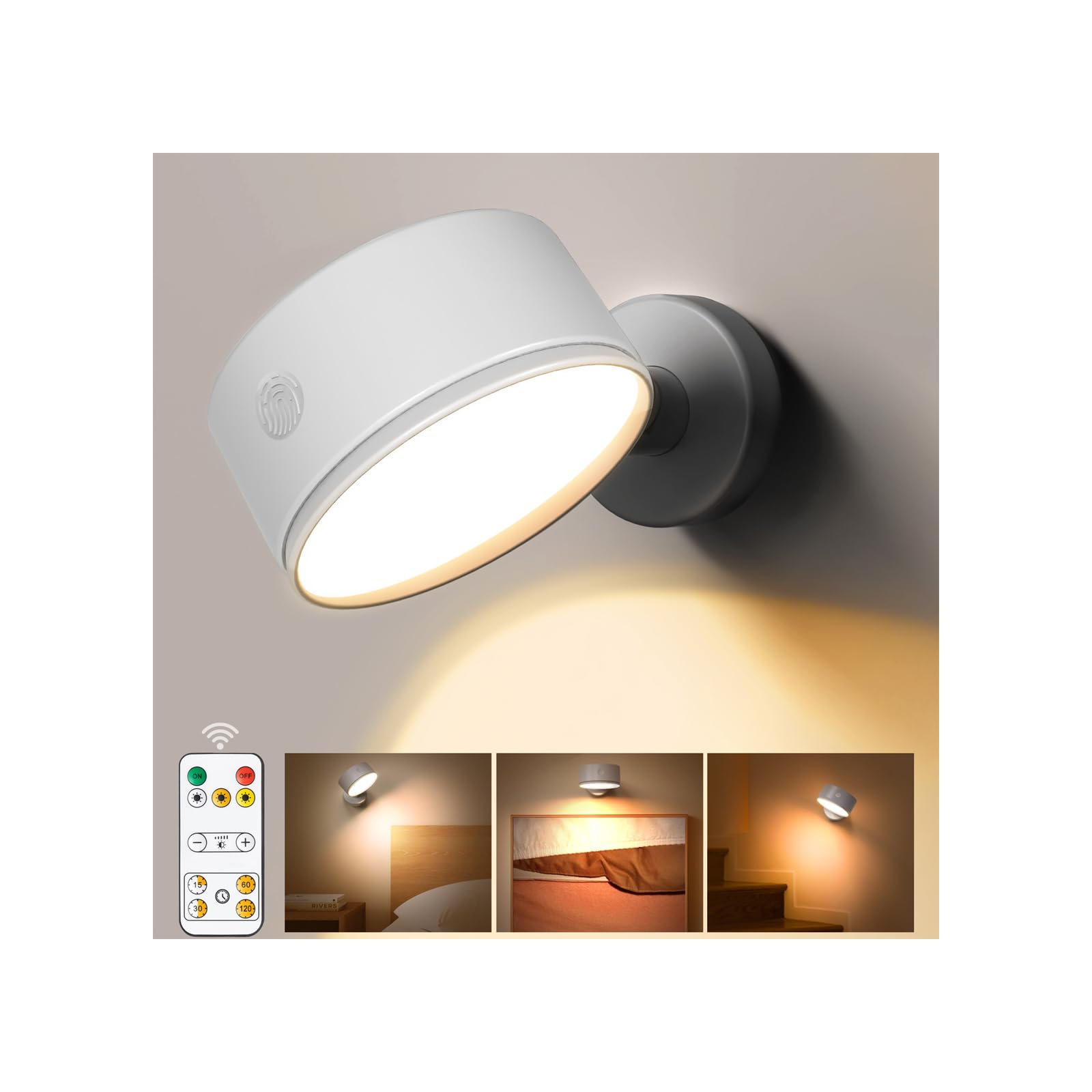 Stick on LED Rechargeable Wall Lights Indoor with 5000mAh Battery Operated, Wireless Wall Sconces with 3 Color Modes 360° Rotate Dimmable, Battery Wall Lamp with Touch & Remote for Bedroom Living Room