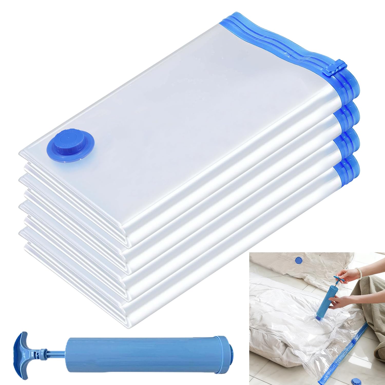Sacchetti sottovuoto Extra Large (130x100cm) con pompa a mano per abbigliamento, piumoni, biancheria - Risparmia il 80% di spazio - Confezione da 4
